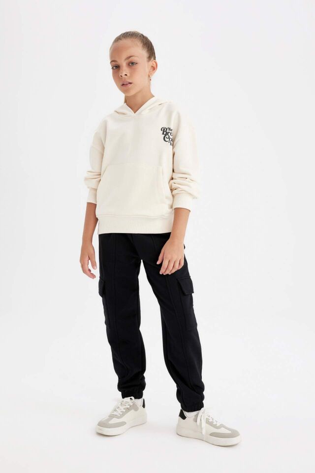 Kız Çocuk Cepli Kapüşonlu Baskılı Okul Sweatshirt