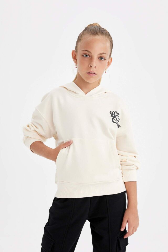 Kız Çocuk Cepli Kapüşonlu Baskılı Okul Sweatshirt