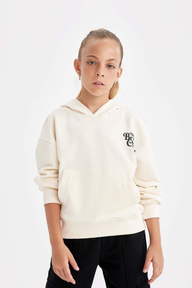 Kız Çocuk Cepli Kapüşonlu Baskılı Okul Sweatshirt