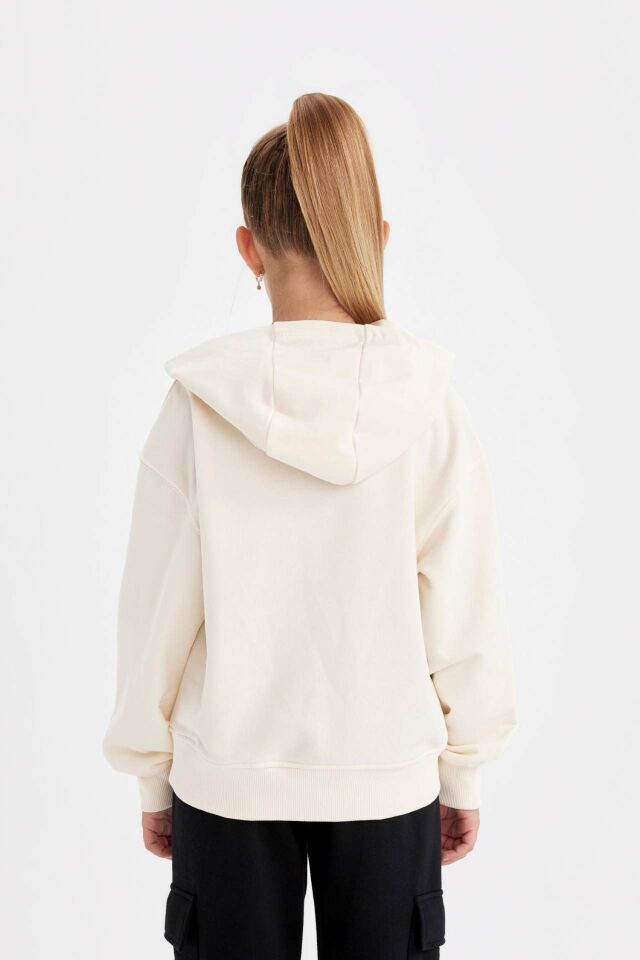 Kız Çocuk Cepli Kapüşonlu Baskılı Okul Sweatshirt