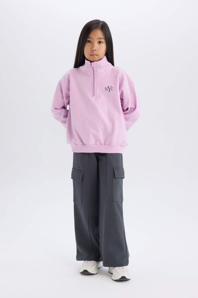 Kız Çocuk Relax Fit Yarım Fermuarlı Baskılı Sweatshirt