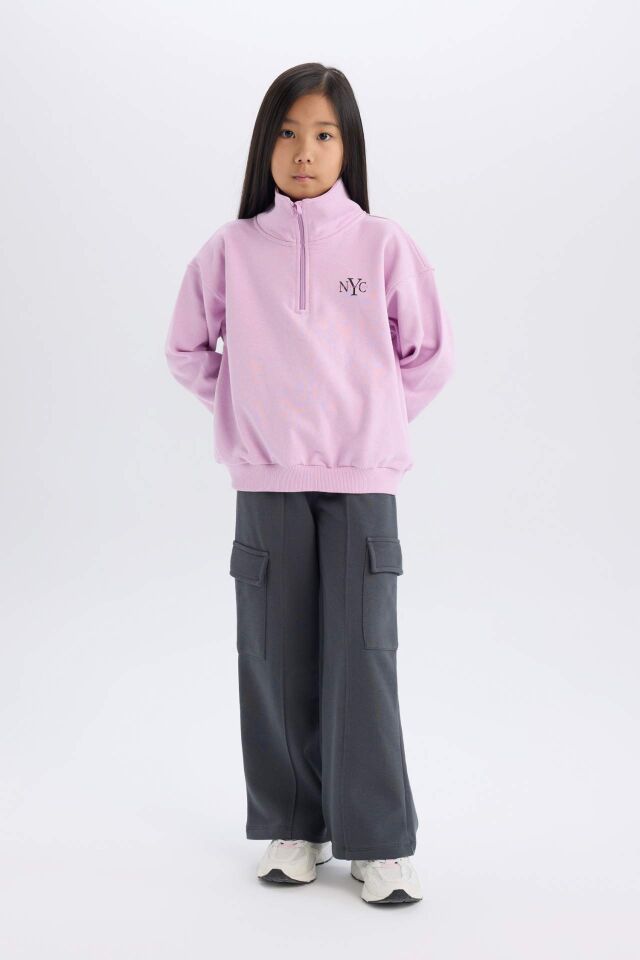 Kız Çocuk Relax Fit Yarım Fermuarlı Baskılı Sweatshirt