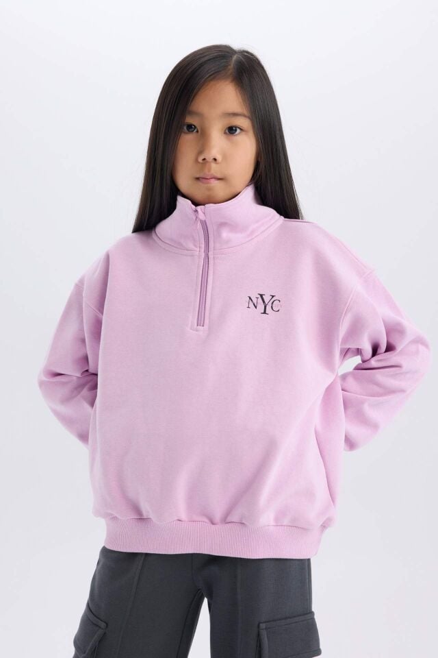 Kız Çocuk Relax Fit Yarım Fermuarlı Baskılı Sweatshirt