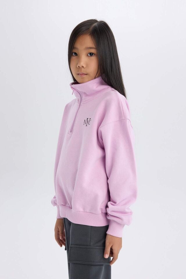 Kız Çocuk Relax Fit Yarım Fermuarlı Baskılı Sweatshirt