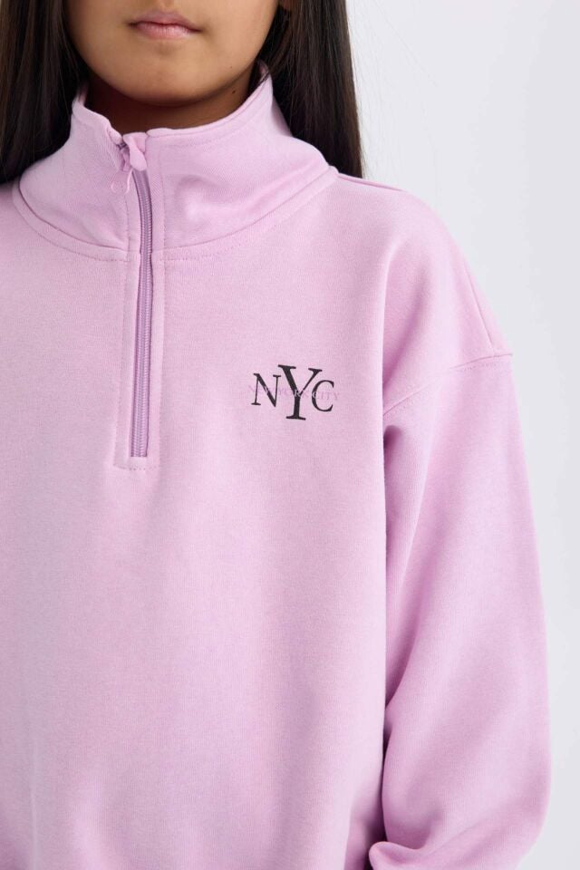 Kız Çocuk Relax Fit Yarım Fermuarlı Baskılı Sweatshirt