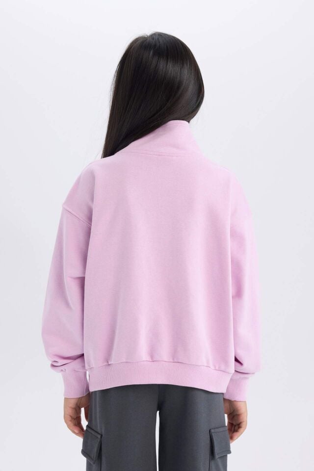 Kız Çocuk Relax Fit Yarım Fermuarlı Baskılı Sweatshirt