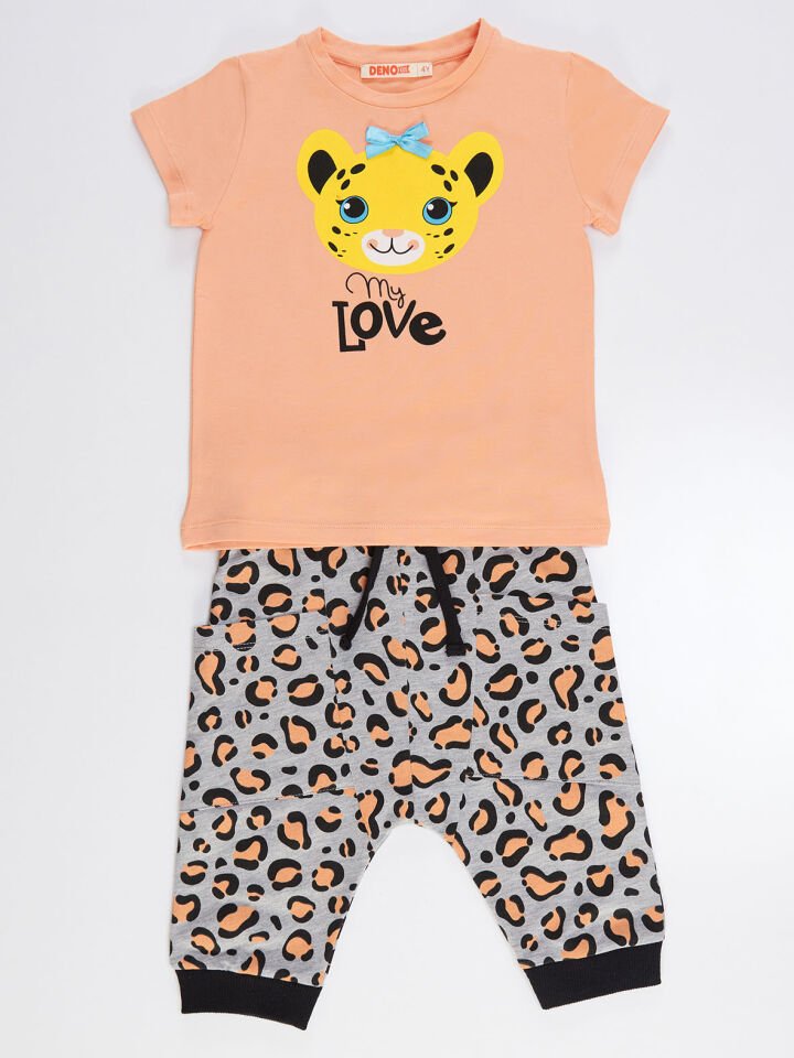 Leopar Aşkı Kız Çocuk T-shirt Kapri Şort Takım 6 Y - Tutuncu, Gri