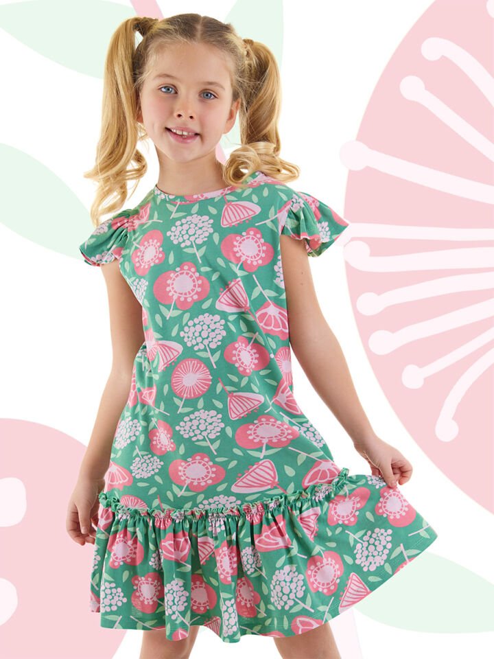 Pembe Çiçekli Kız Çocuk Yeşil Fırfırlı Elbise 8 Y - Yeşil