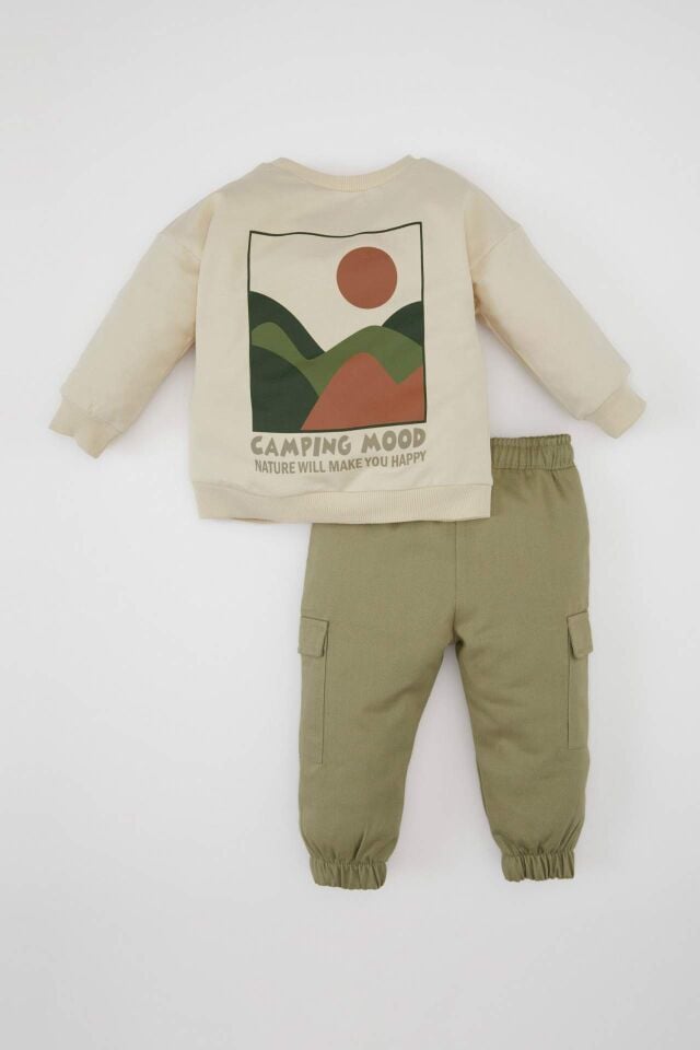 Erkek Bebek 2'li Takım Bisiklet Yaka Baskılı Sweatshirt Kargo Cepli Beli Lastikli Pantolon