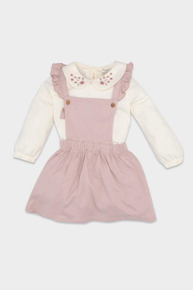 Kız Bebek 2'li Takım Bebe Yaka Uzun Kollu Tişört Düğmeli Salopet  Elbise
