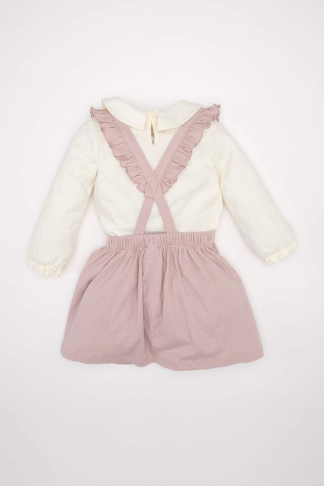 Kız Bebek 2'li Takım Bebe Yaka Uzun Kollu Tişört Düğmeli Salopet  Elbise