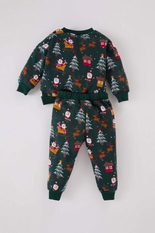 Erkek Bebek 2'li Takım Yılbaşı Temalı Bisiklet Yaka Sweatshirt Beli Lastikli Eşofman Altı