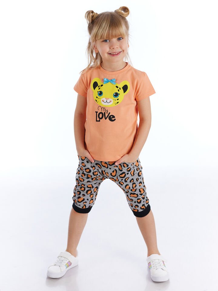 Leopar Aşkı Kız Çocuk T-shirt Kapri Şort Takım 8 Y - Tutuncu, Gri