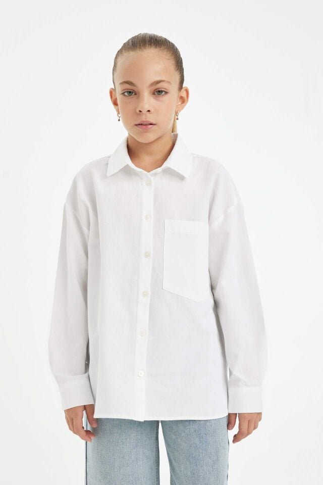 Kız Çocuk Oversize Geniş Kalıp Poplin Basic Düz Uzun Kollu Beyaz Okul Gömleği
