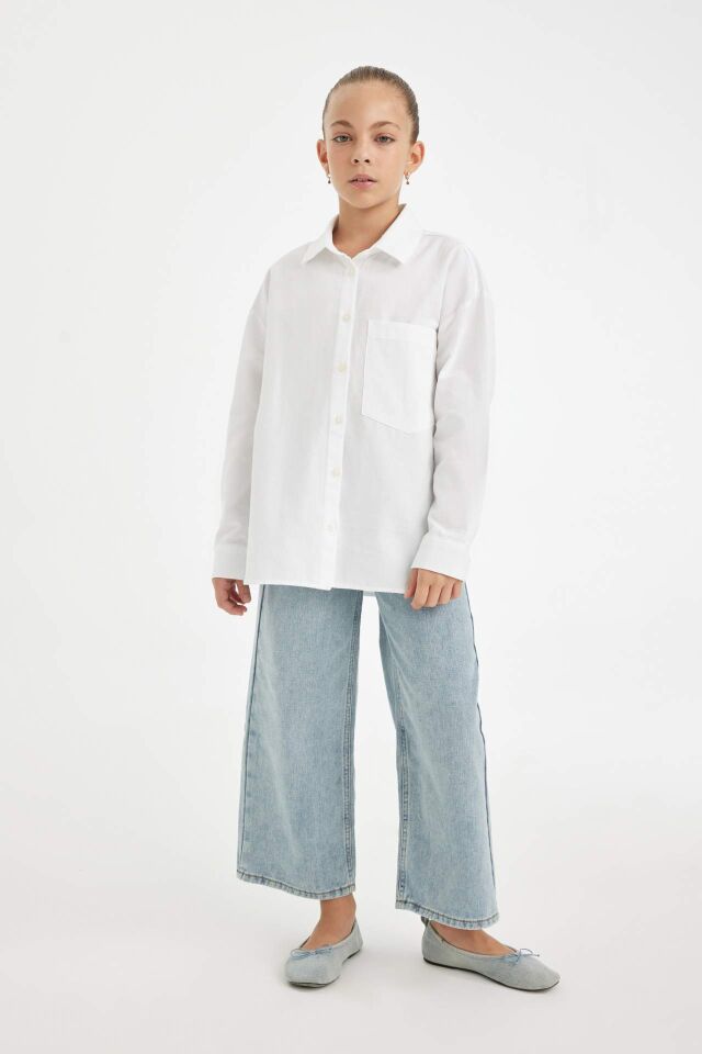 Kız Çocuk Oversize Geniş Kalıp Poplin Basic Düz Uzun Kollu Beyaz Okul Gömleği