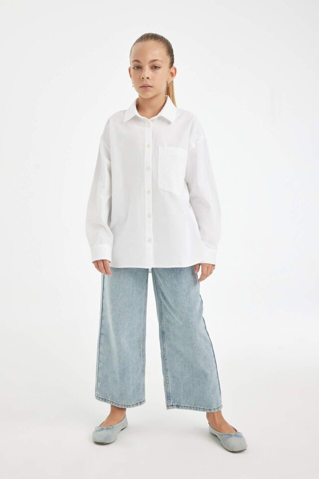 Kız Çocuk Oversize Geniş Kalıp Poplin Basic Düz Uzun Kollu Beyaz Okul Gömleği