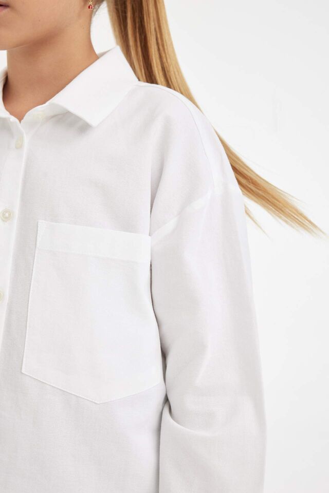 Kız Çocuk Oversize Geniş Kalıp Poplin Basic Düz Uzun Kollu Beyaz Okul Gömleği