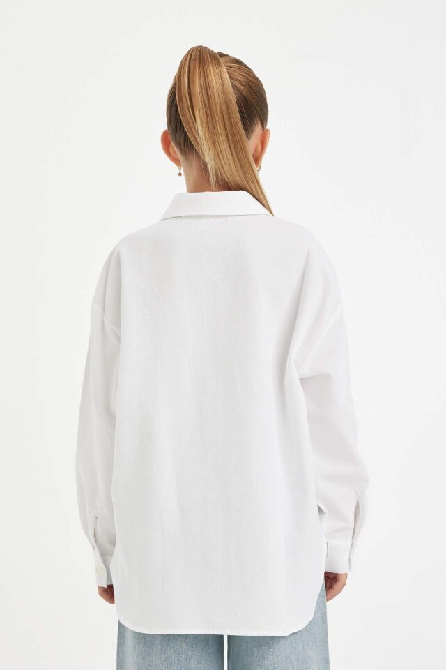 Kız Çocuk Oversize Geniş Kalıp Poplin Basic Düz Uzun Kollu Beyaz Okul Gömleği
