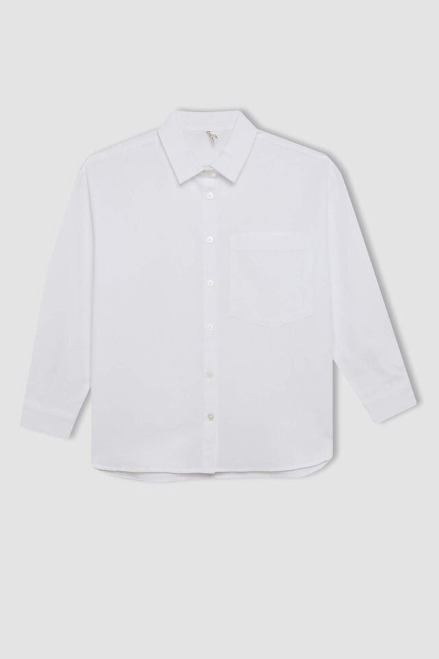 Kız Çocuk Oversize Geniş Kalıp Poplin Basic Düz Uzun Kollu Beyaz Okul Gömleği