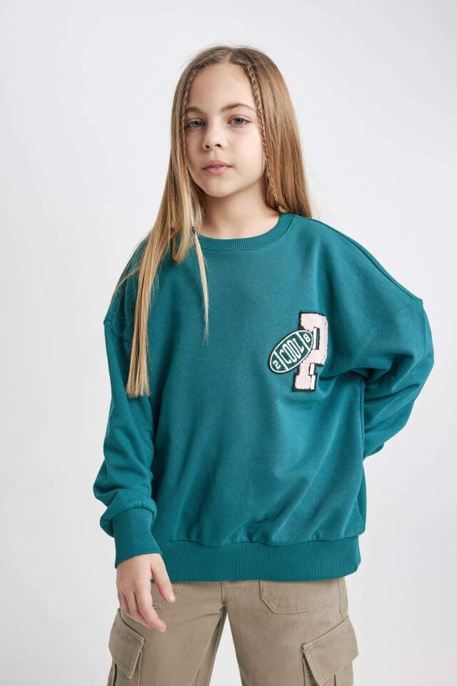 Kız Çocuk Oversize Geniş Kalıp Bisiklet Yaka Sweatshirt