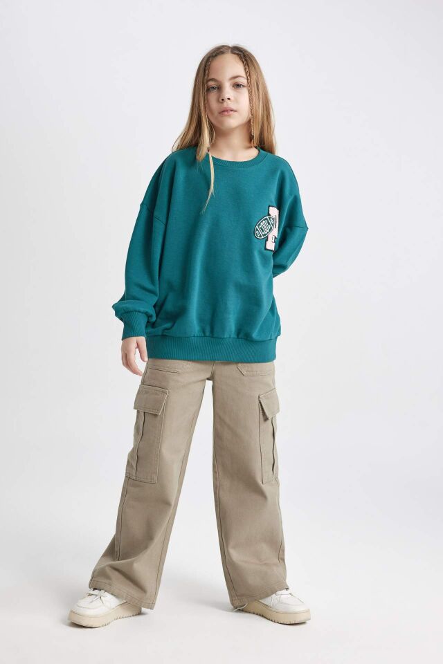 Kız Çocuk Oversize Geniş Kalıp Bisiklet Yaka Sweatshirt