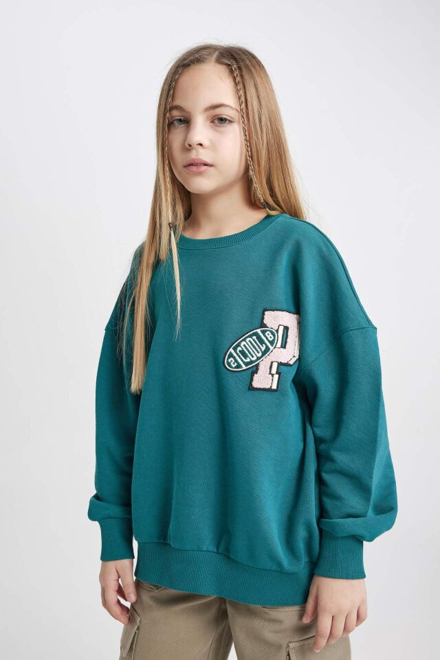 Kız Çocuk Oversize Geniş Kalıp Bisiklet Yaka Sweatshirt