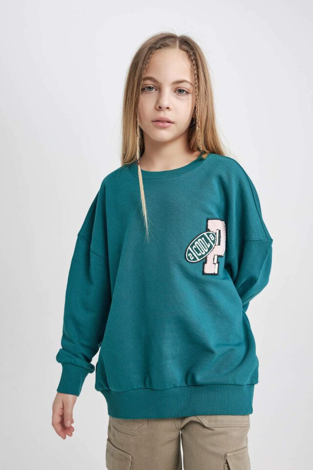 Kız Çocuk Oversize Geniş Kalıp Bisiklet Yaka Sweatshirt