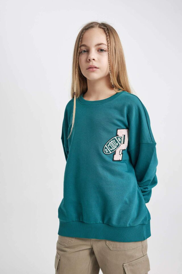 Kız Çocuk Oversize Geniş Kalıp Bisiklet Yaka Sweatshirt