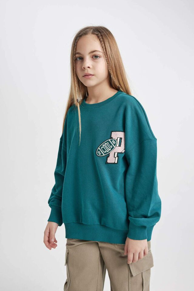 Kız Çocuk Oversize Geniş Kalıp Bisiklet Yaka Sweatshirt