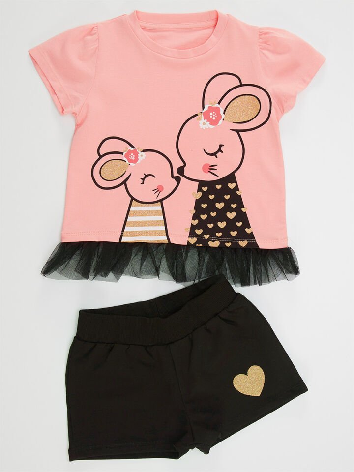 Sevimli Fare Kız Çocuk T-Shirt Şort Takım 5 Y - Pembe, Siyah