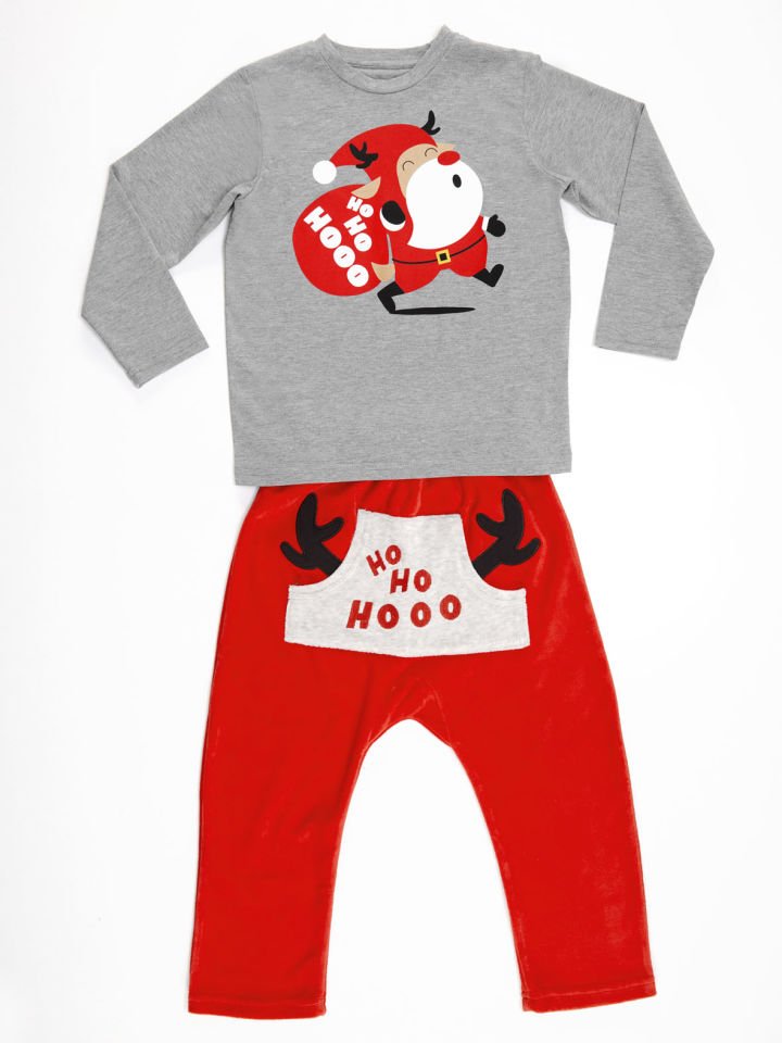 Ho Ho Yılbaşı Erkek Çocuk T-shirt Pantolon Takım 5 Y - Kırmızı,Gri