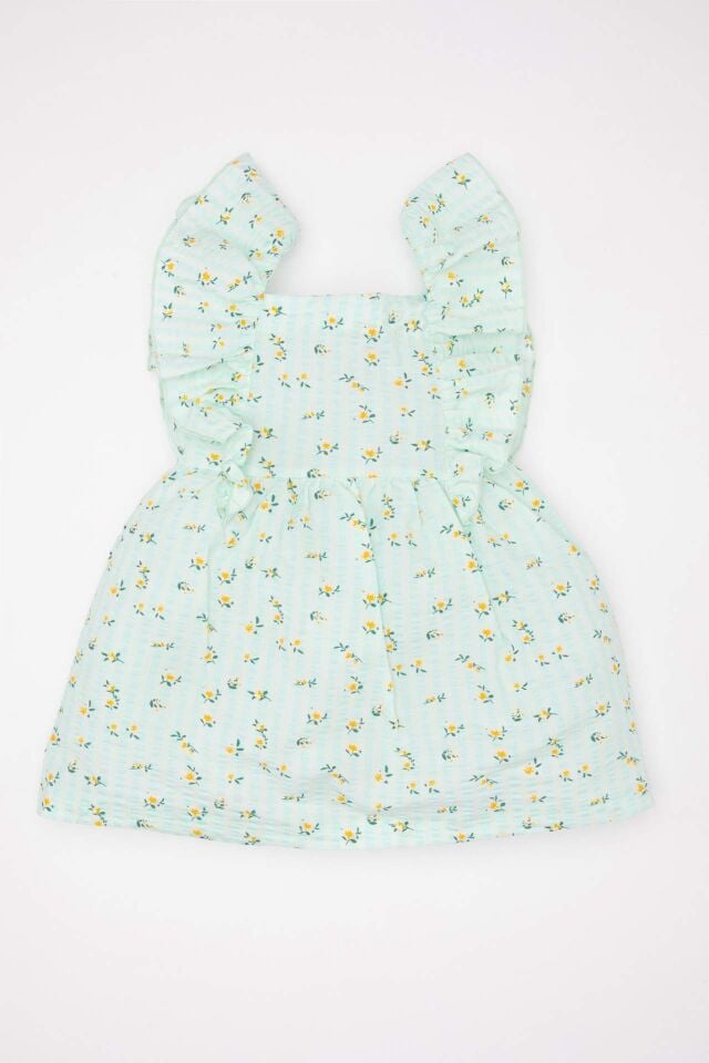 Kız Bebek Çiçekli Kısa Kollu Poplin Elbise