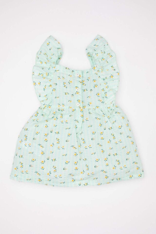 Kız Bebek Çiçekli Kısa Kollu Poplin Elbise