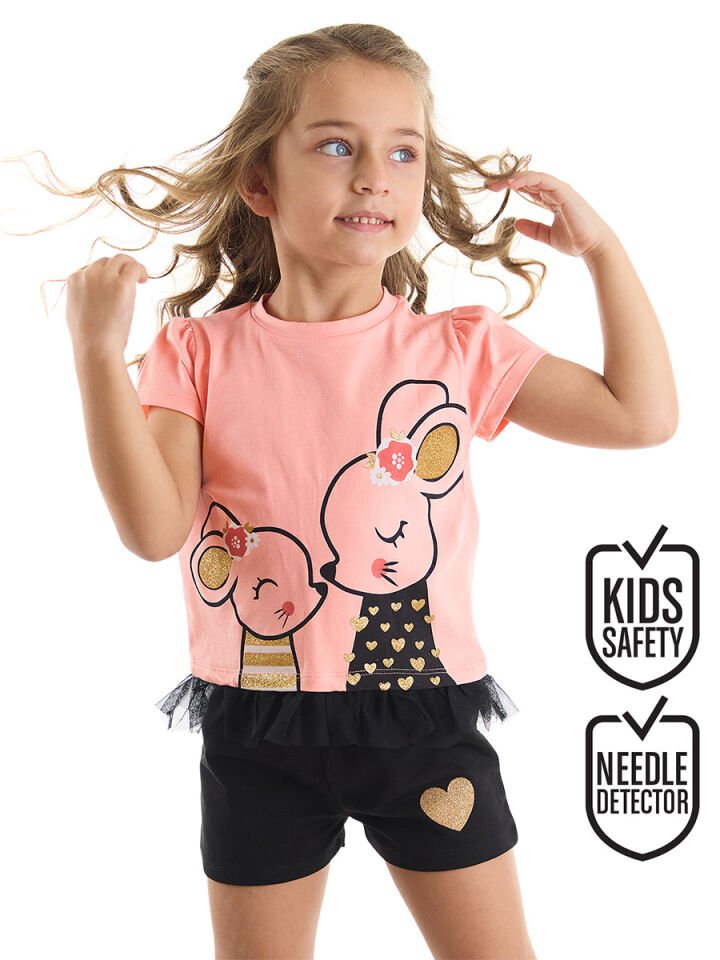 Sevimli Fare Kız Çocuk T-Shirt Şort Takım 7 Y - Pembe, Siyah