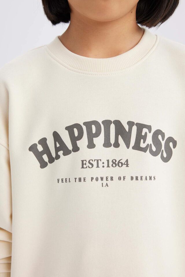 Kız Çocuk Relax Fit Bisiklet Yaka Baskılı Sweatshirt