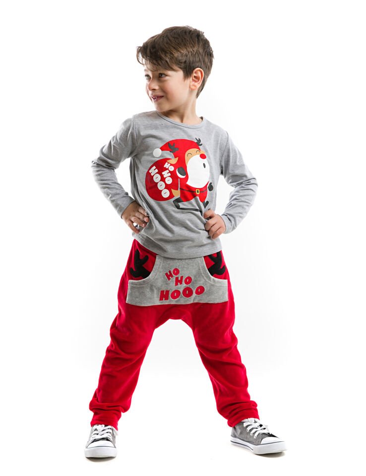 Ho Ho Yılbaşı Erkek Çocuk T-shirt Pantolon Takım 7 Y - Kırmızı,Gri