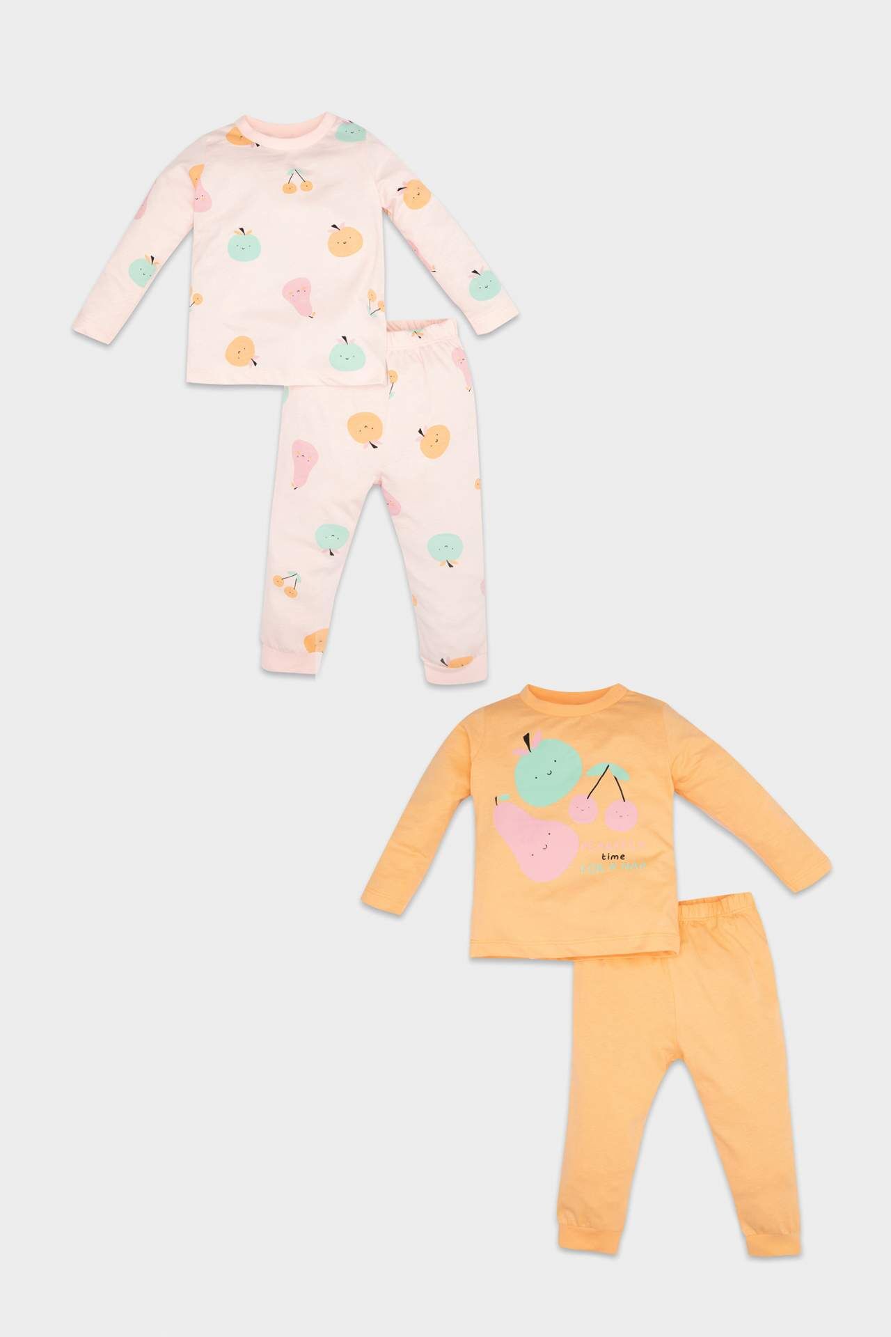 Kız Bebek Pijama Takım  Penye 4'lü Meyve Desenli Uzun Kollu Üst Beli Lastikli Uzun Alt