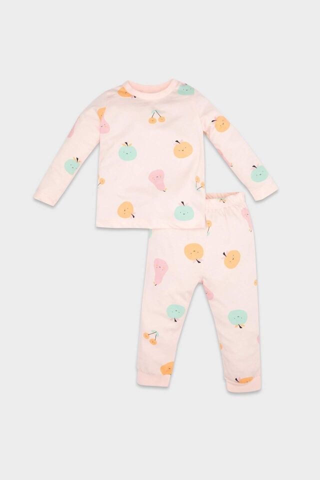 Kız Bebek Pijama Takım  Penye 4'lü Meyve Desenli Uzun Kollu Üst Beli Lastikli Uzun Alt