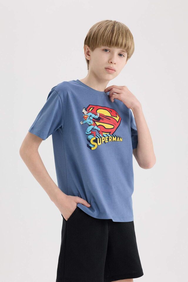 Erkek Çocuk Superman Bisiklet Yaka Kısa Kollu Tişört