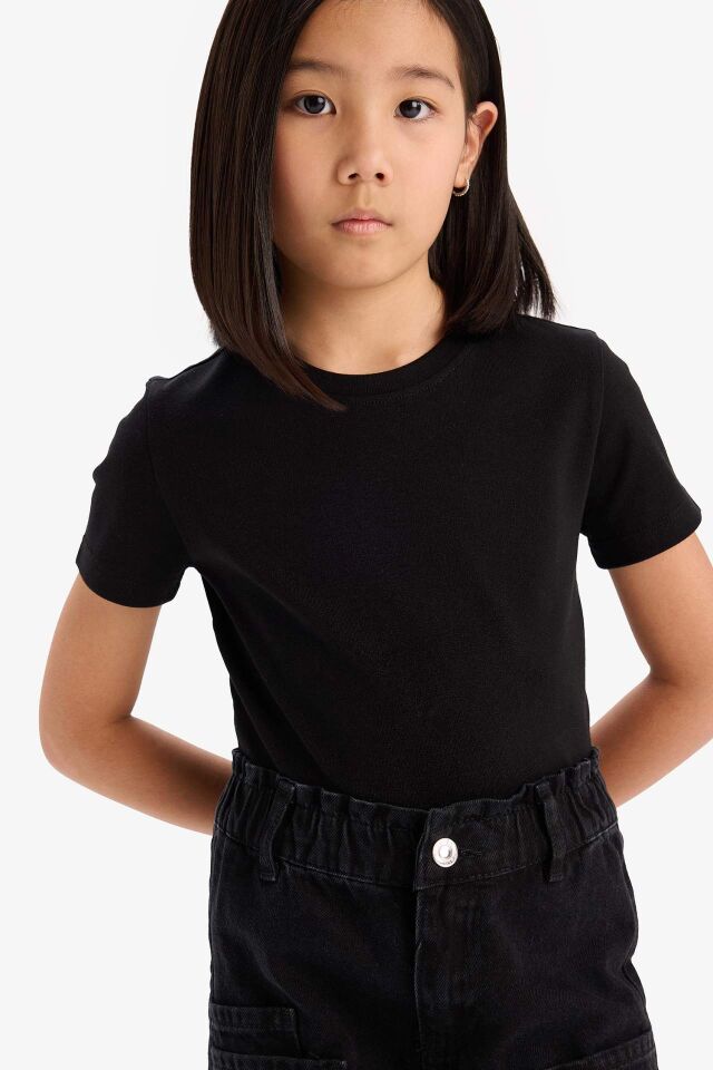 Kız Çocuk Slim Fit Dar Kesim Bisiklet Yaka Ribana Basic Düz Kısa Kollu Tişört