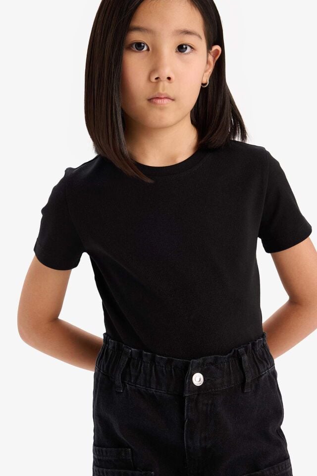 Kız Çocuk Slim Fit Dar Kesim Bisiklet Yaka Ribana Basic Düz Kısa Kollu Tişört