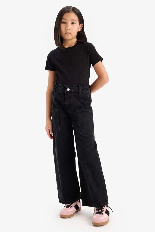 Kız Çocuk Slim Fit Dar Kesim Bisiklet Yaka Ribana Basic Düz Kısa Kollu Tişört