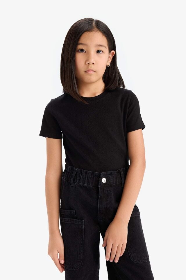 Kız Çocuk Slim Fit Dar Kesim Bisiklet Yaka Ribana Basic Düz Kısa Kollu Tişört
