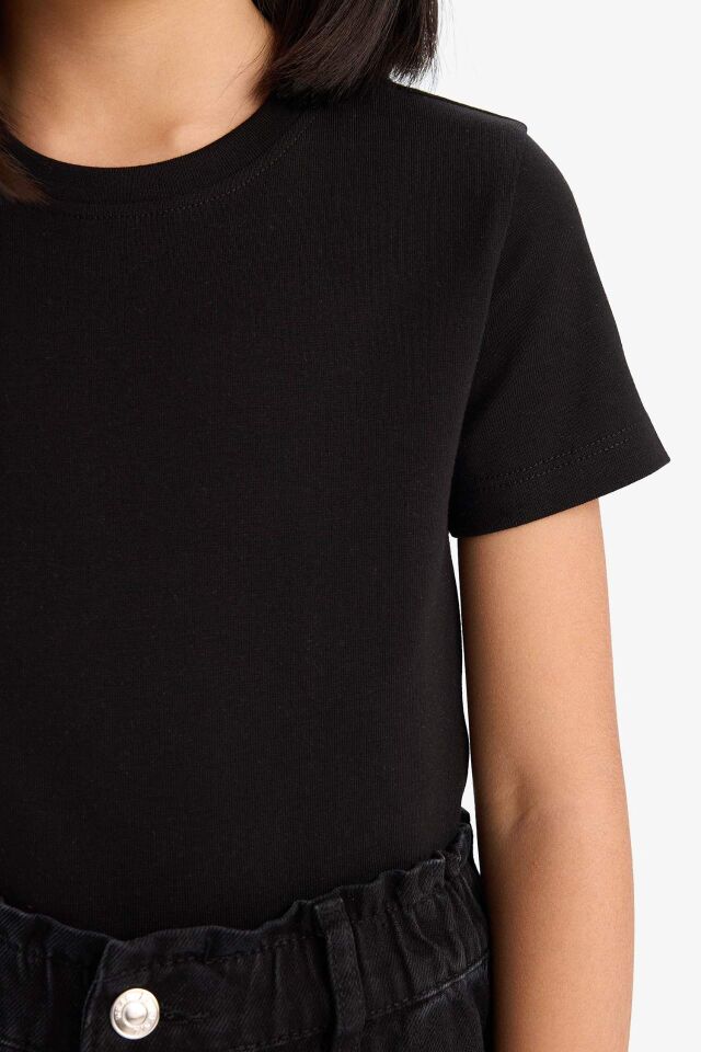 Kız Çocuk Slim Fit Dar Kesim Bisiklet Yaka Ribana Basic Düz Kısa Kollu Tişört