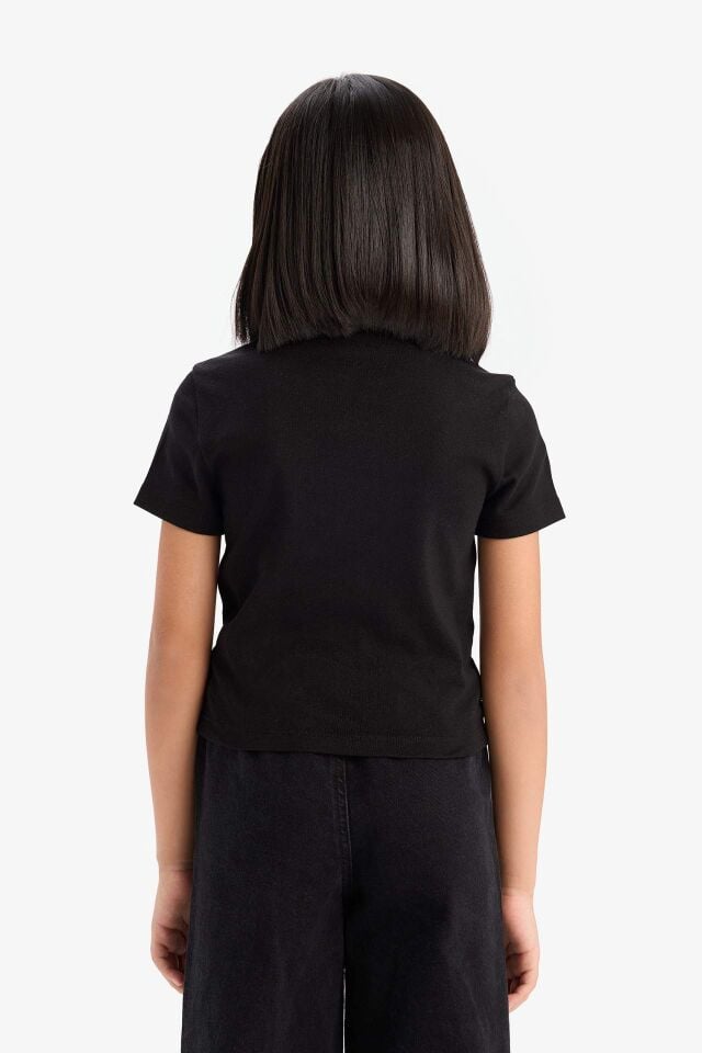 Kız Çocuk Slim Fit Dar Kesim Bisiklet Yaka Ribana Basic Düz Kısa Kollu Tişört