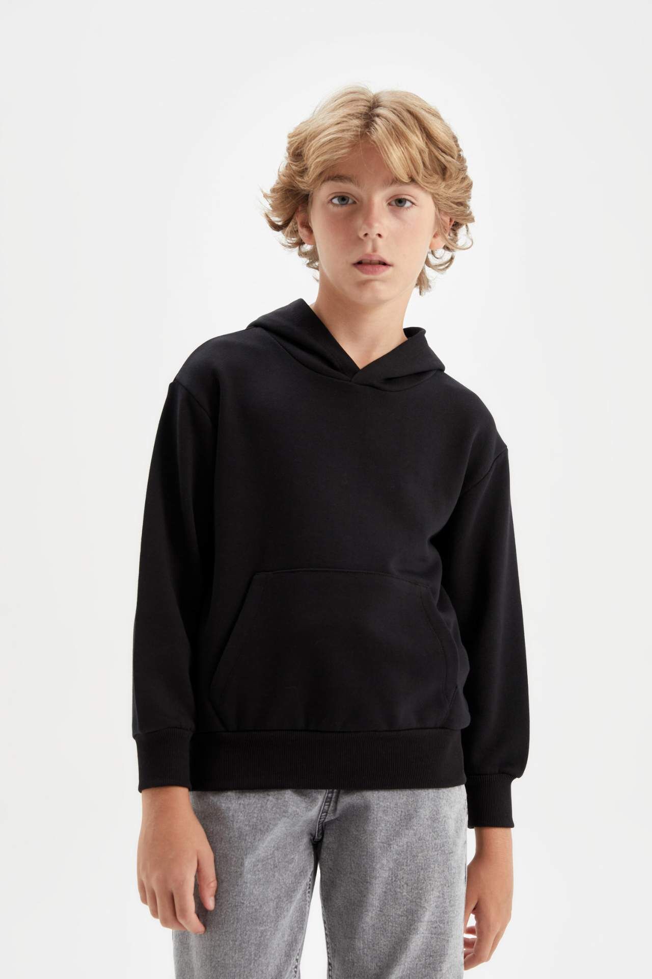 Erkek Çocuk Siyah Cepli Kapüşonlu Kalın Basic Düz Okul Sweatshirt
