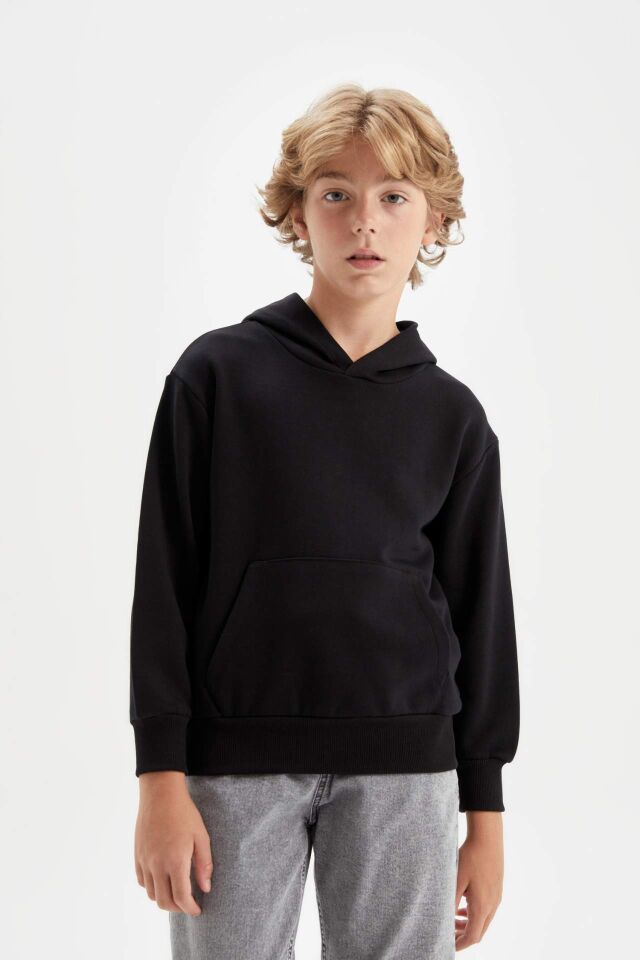 Erkek Çocuk Siyah Cepli Kapüşonlu Kalın Basic Düz Okul Sweatshirt