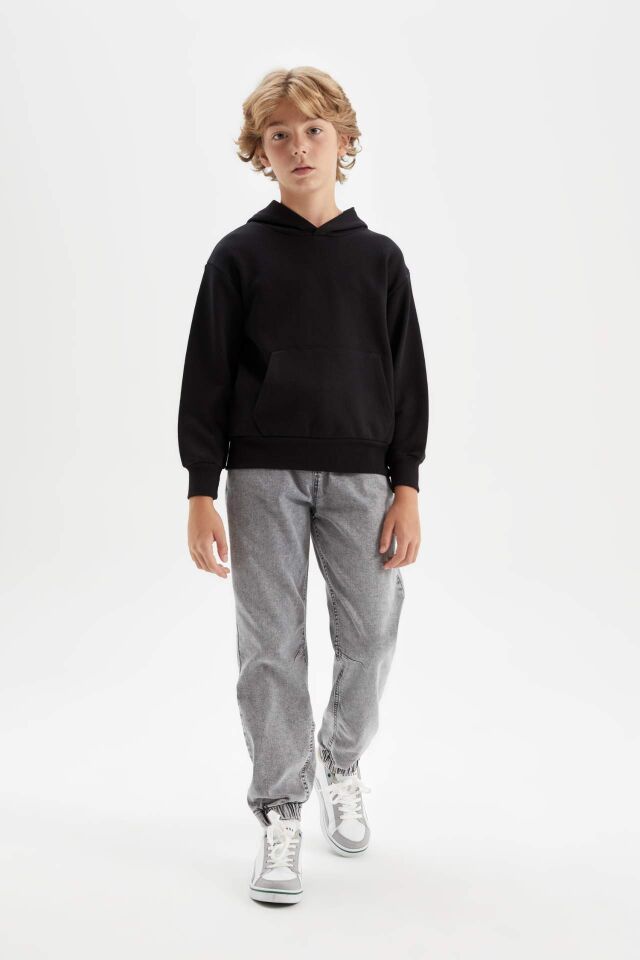 Erkek Çocuk Siyah Cepli Kapüşonlu Kalın Basic Düz Okul Sweatshirt