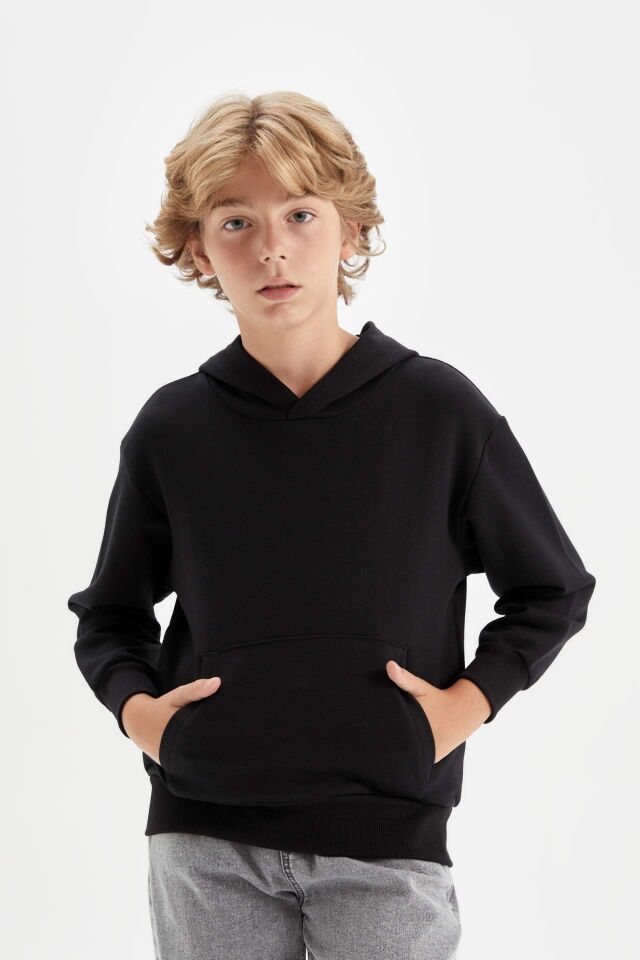 Erkek Çocuk Siyah Cepli Kapüşonlu Kalın Basic Düz Okul Sweatshirt