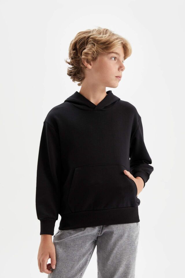 Erkek Çocuk Siyah Cepli Kapüşonlu Kalın Basic Düz Okul Sweatshirt